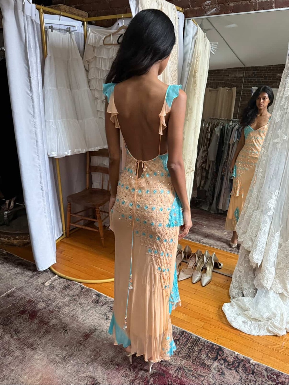 Peach & Turquoise Scalloped Vintage Dress - Picture 3 of 4